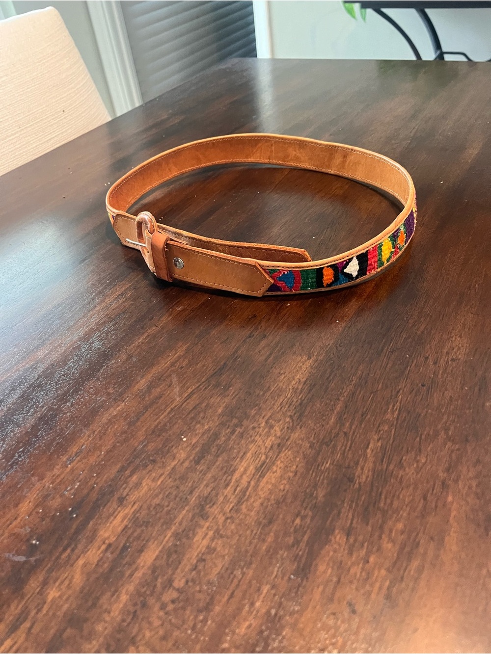 Guatemalan Leather Belt with Multicolor Embroidered Accent - Tan